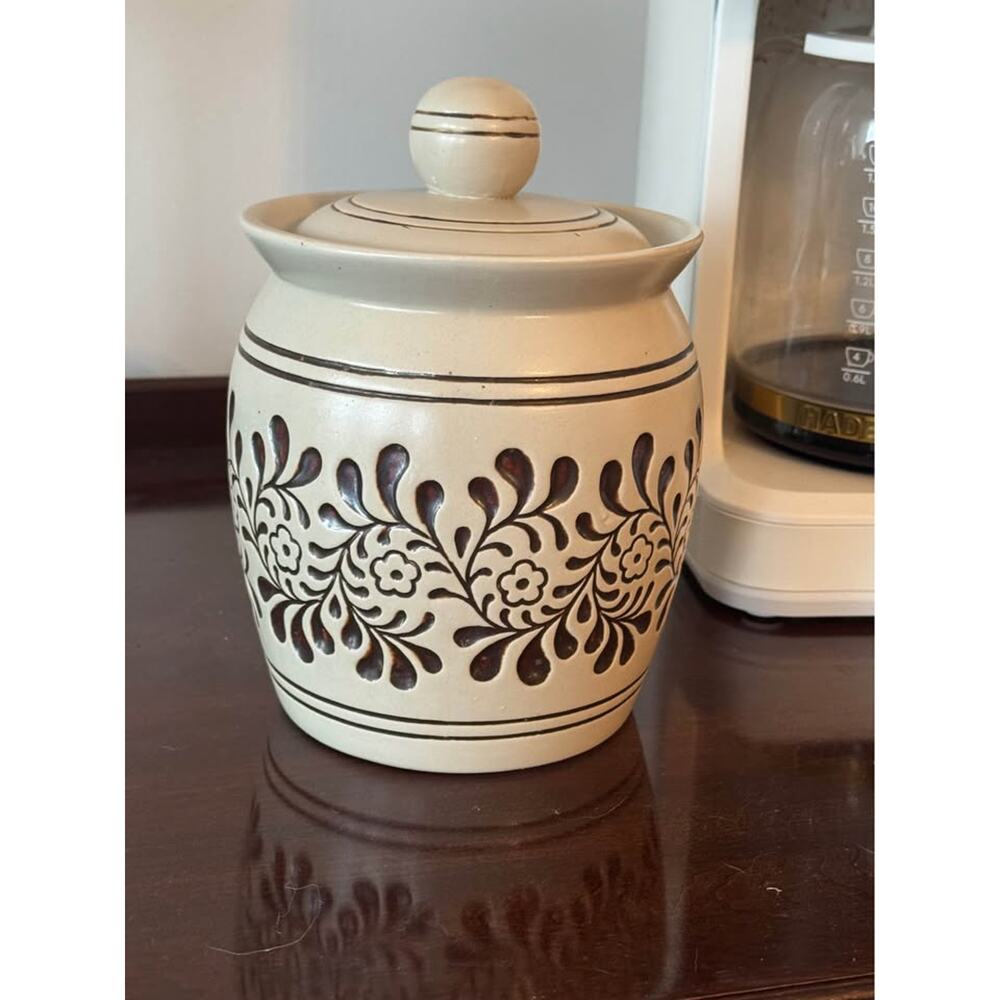 Vintage Stoneware Canister Brown Filagree Floral